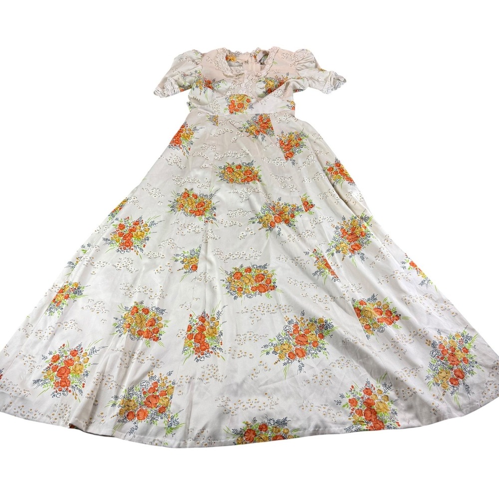 Vintage 70s Floral Dress Size Small Cream Orange Lace Trim Back Zipper Prairie